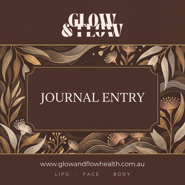 Glow & Flow Health branded journal graphic with botanical illustration in warm brown and gold tones