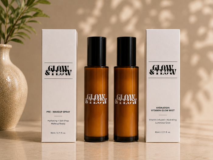 Glow and Flow Face Mist Duo — Pre-Makeup Spray and Hydration Vitamin Glow Mist bottles with boxes